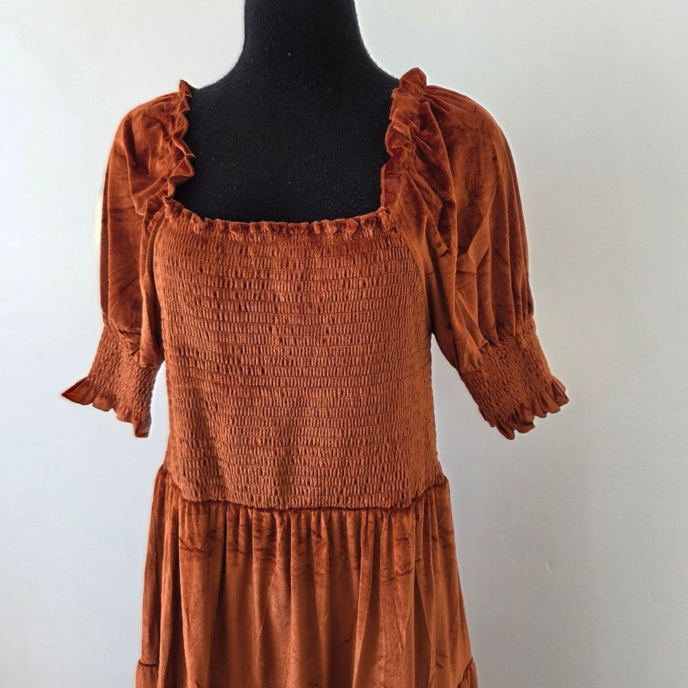 Burnt Orange Copper Velvet Maxi Dress Tiered Smocked Holiday Party Christmas M - Picture 3 of 12